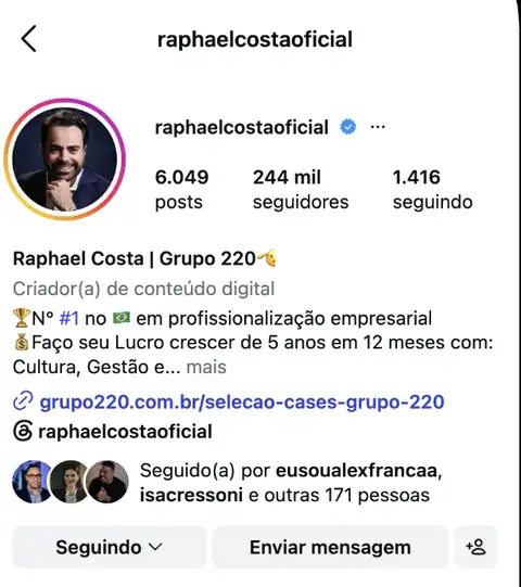 Perfil de Raphael Costa no Instagram com 244 mil seguidores