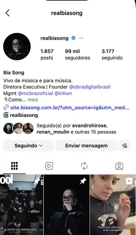 Perfil de Bia Song no Instagram com 99 mil seguidores